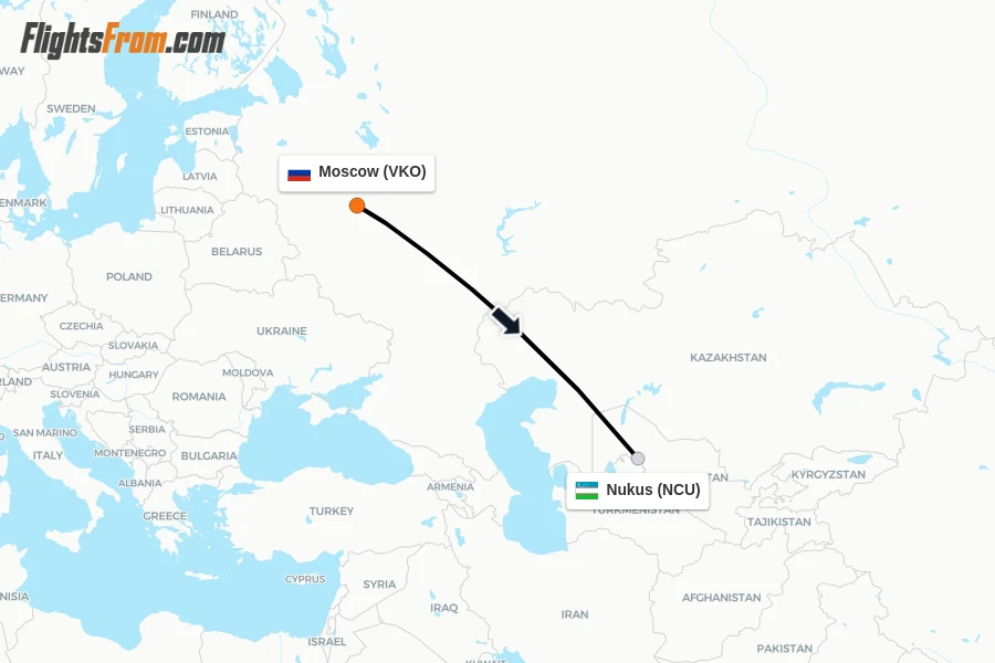 Flights from Moscow to Nukus route map