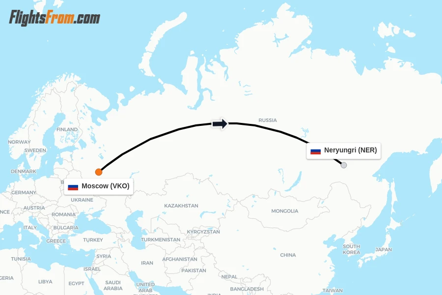 Flights from Moscow to Neryungri route map