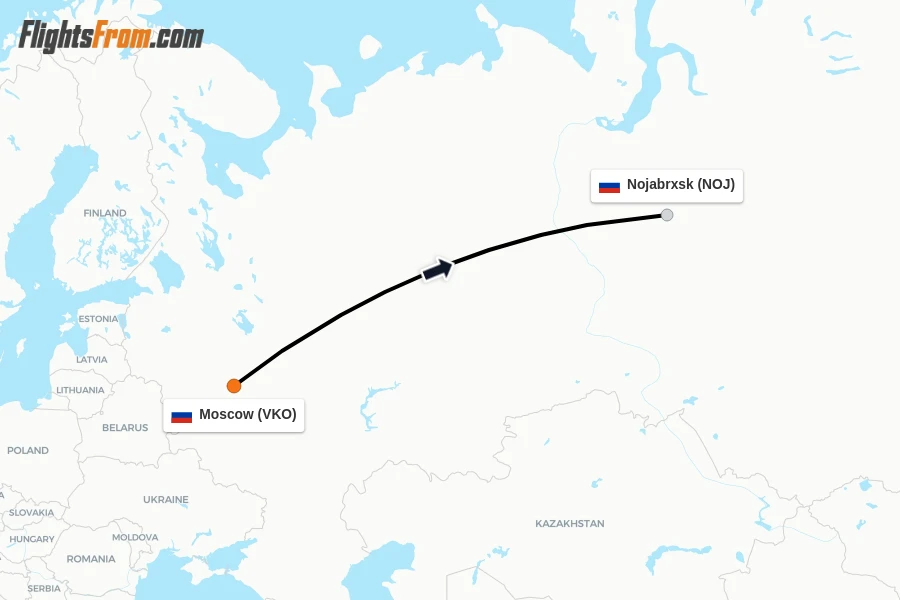 Flights from Moscow to Nojabrxsk route map