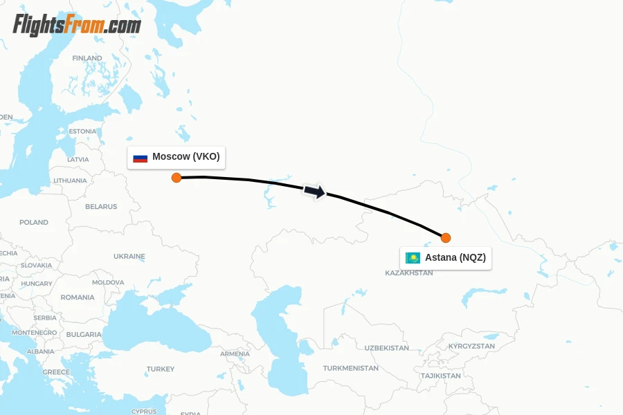 Flights from Moscow to Astana route map
