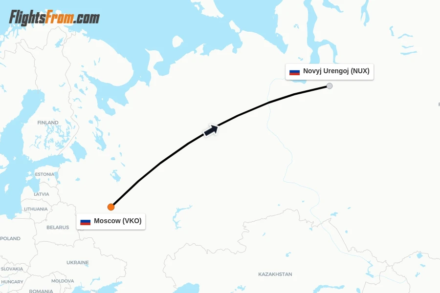 Flights from Moscow to Novyj Urengoj route map