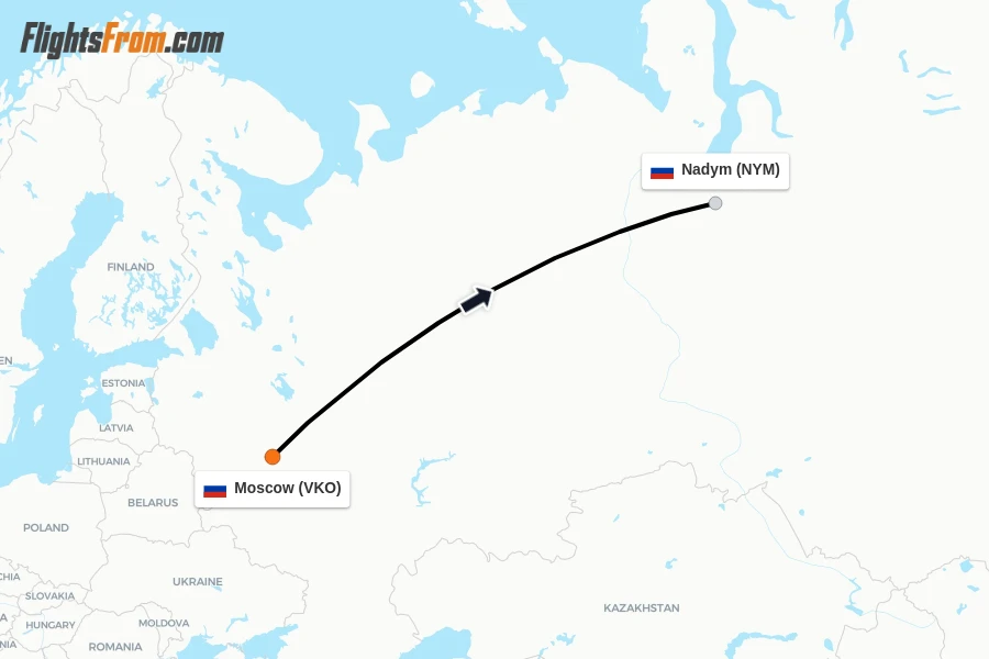 Flights from Moscow to Nadym route map
