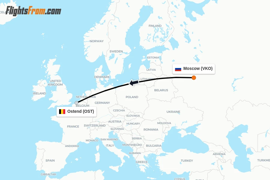 Flights from Moscow to Ostend route map