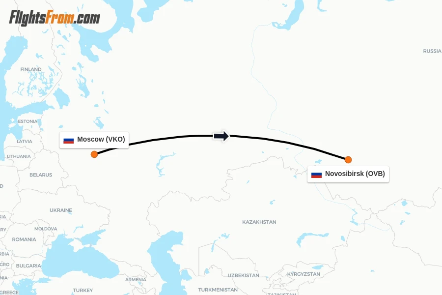 Flights from Moscow to Novosibirsk route map