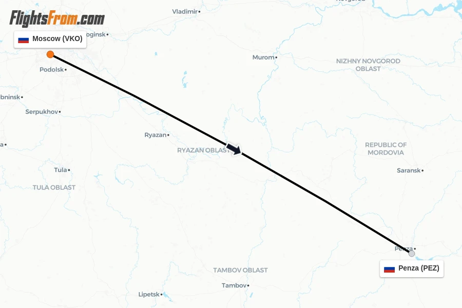 Flights from Moscow to Penza route map