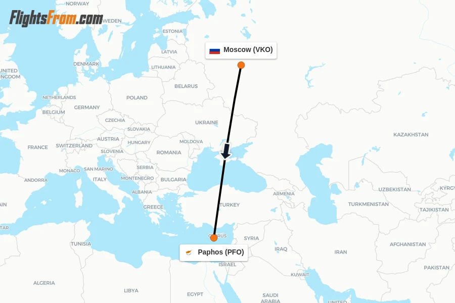 Flights from Moscow to Paphos route map