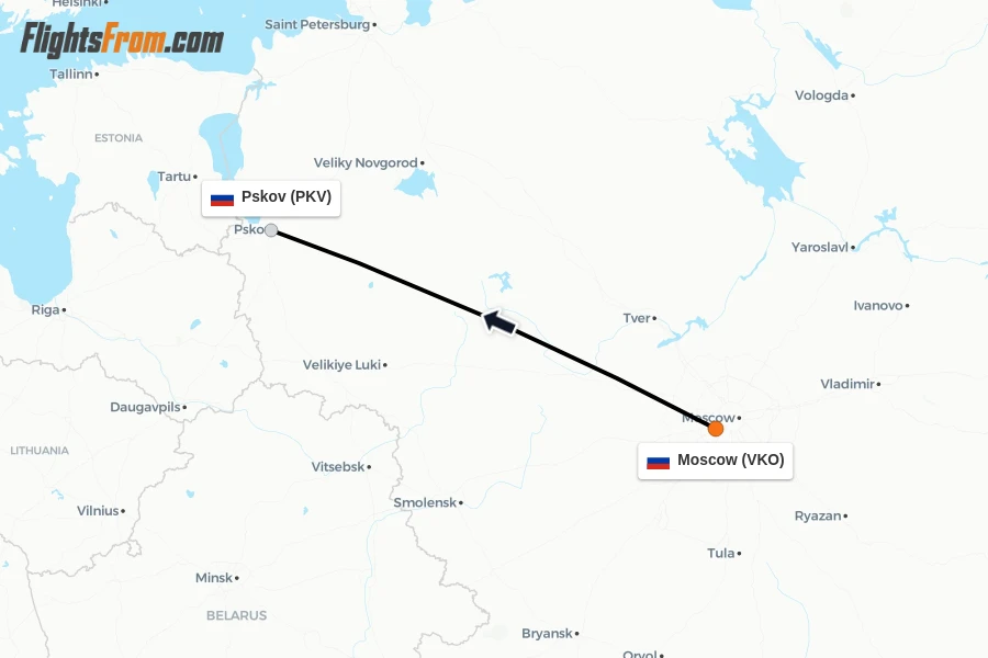 Flights from Moscow to Pskov route map
