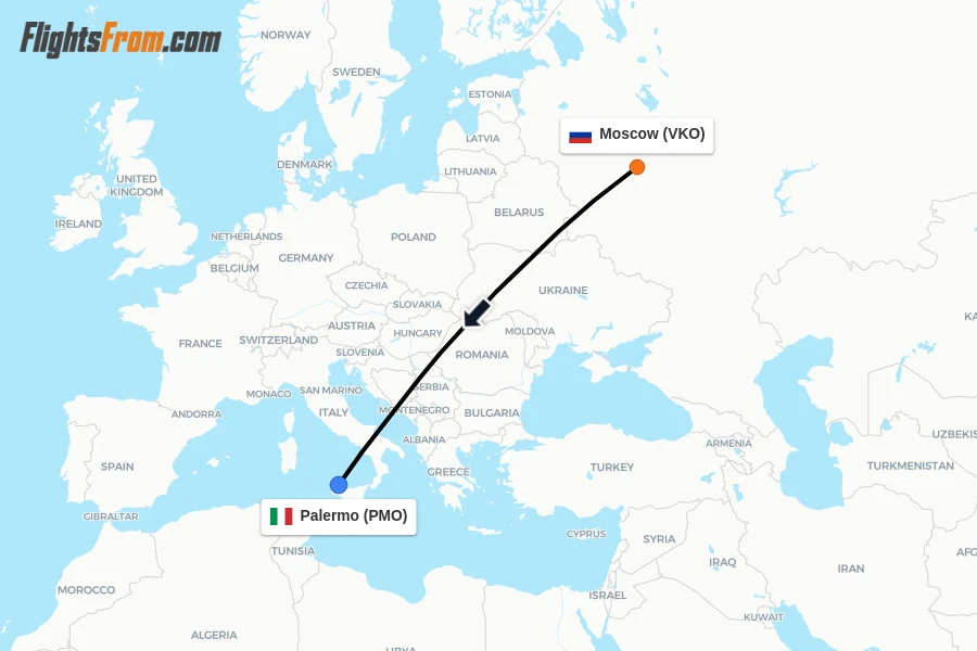 Flights from Moscow to Palermo route map