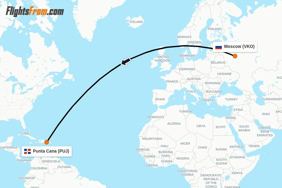 Flights from Moscow to Punta Cana route map