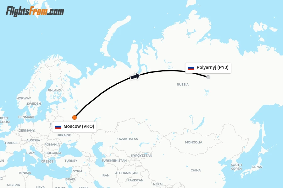 Flights from Moscow to Polyarnyj route map