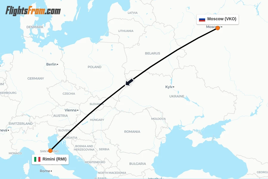 Flights from Moscow to Rimini route map