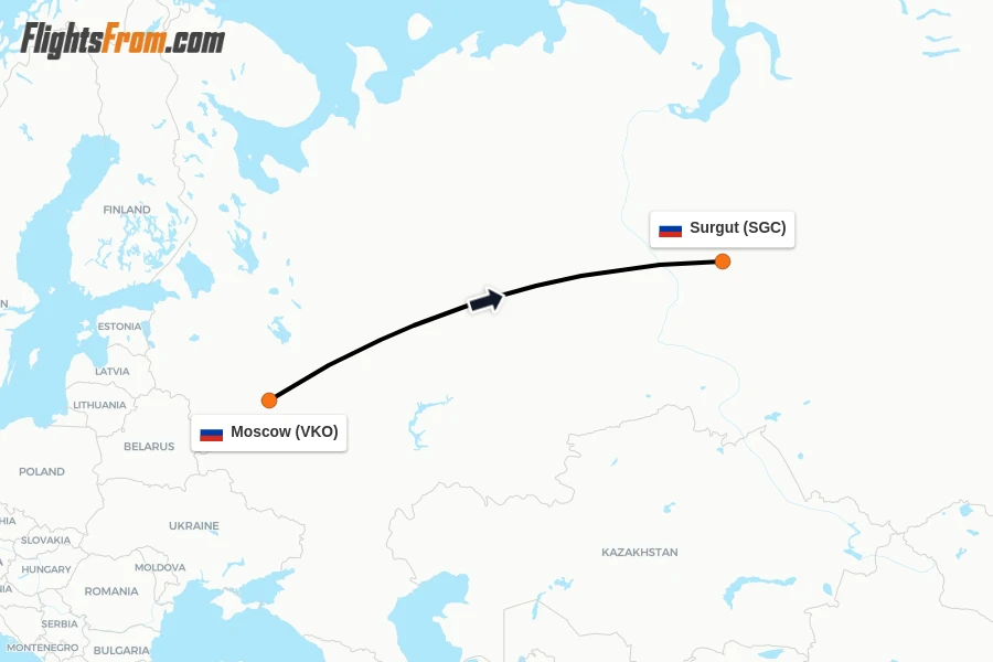 Flights from Moscow to Surgut route map