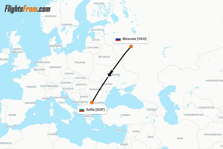 Flights from Moscow to Sofia route map