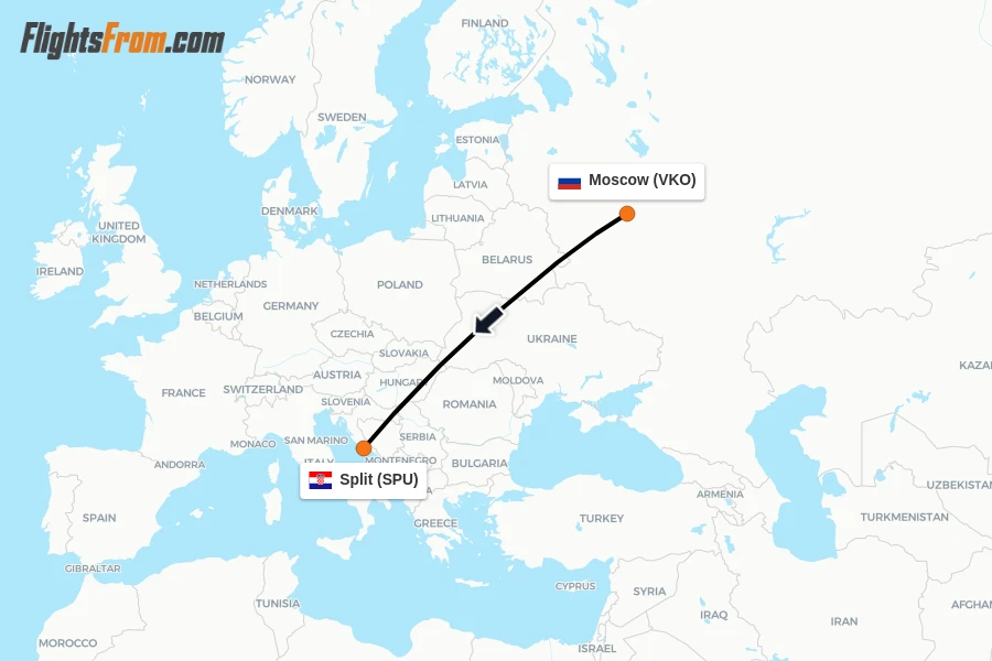 Flights from Moscow to Split route map