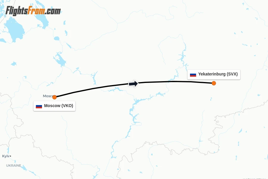 Flights from Moscow to Yekaterinburg route map