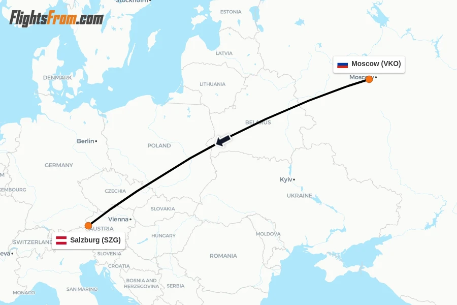 Flights from Moscow to Salzburg route map