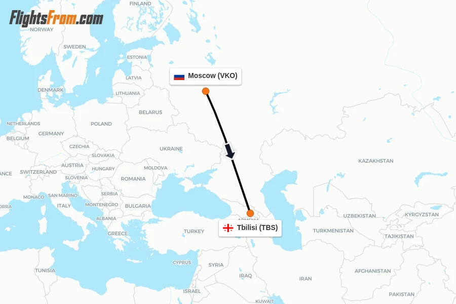 Flights from Moscow to Tbilisi route map