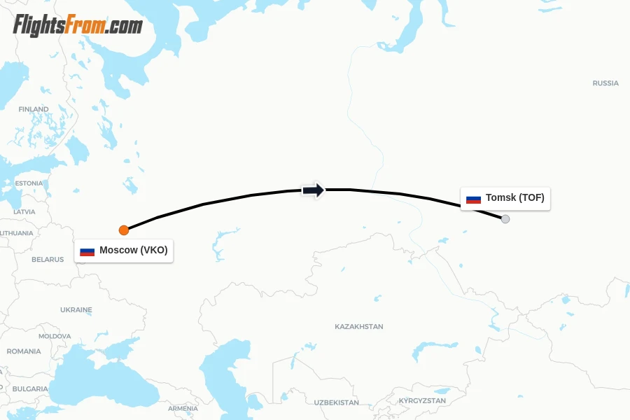 Flights from Moscow to Tomsk route map