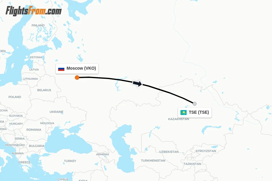 Flights from Moscow to TSE route map