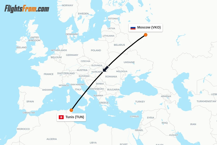 Flights from Moscow to Tunis route map