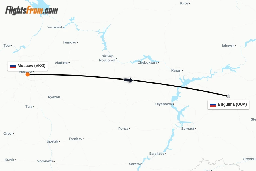 Flights from Moscow to Bugulma route map