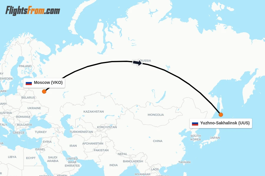 Flights from Moscow to Yuzhno-Sakhalinsk route map