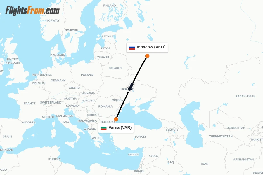 Flights from Moscow to Varna route map