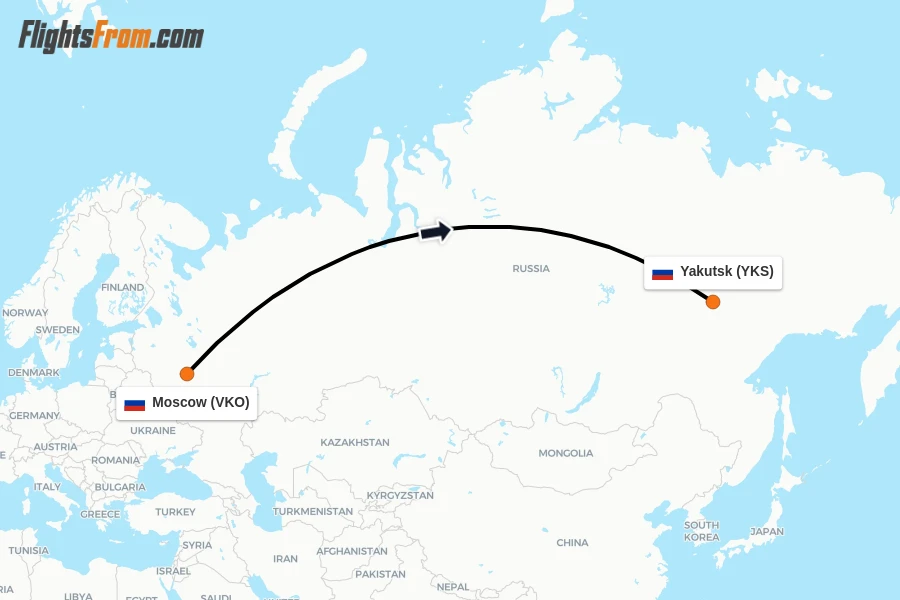 Flights from Moscow to Yakutsk route map