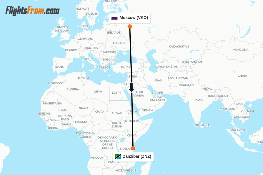 Flights from Moscow to Zanzibar route map