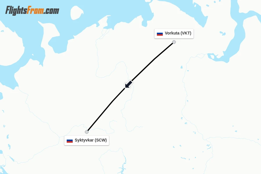 Flights from Vorkuta to Syktyvkar route map