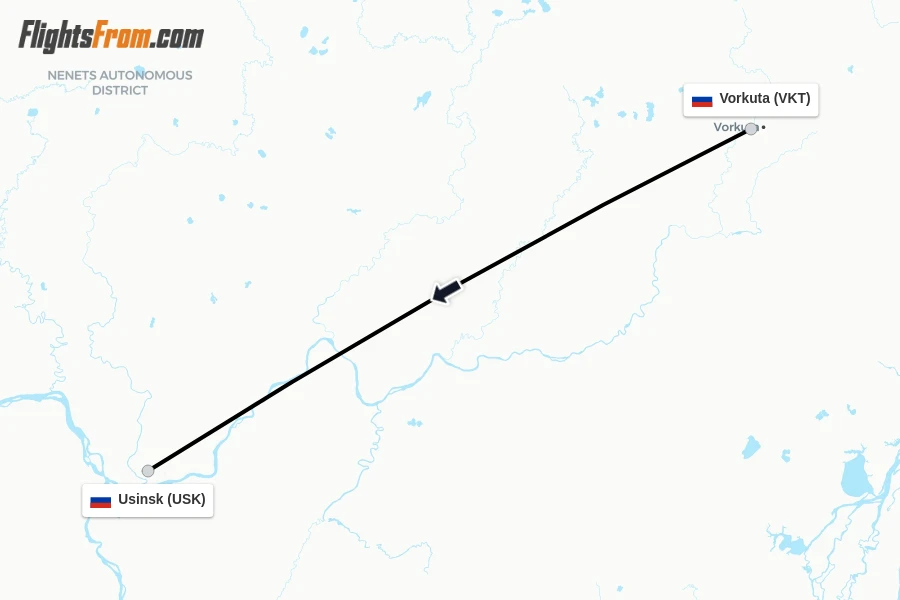 Flights from Vorkuta to Usinsk route map