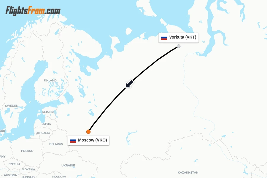 Flights from Vorkuta to Moscow route map