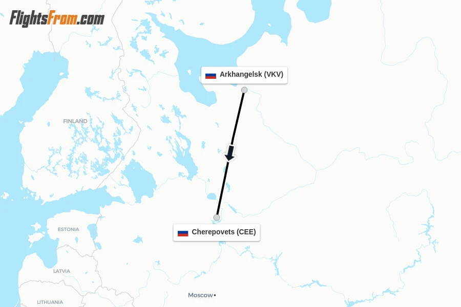 Flights from Arkhangelsk to Cherepovets route map
