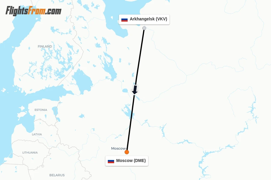 Flights from Arkhangelsk to Moscow route map