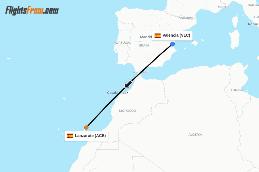 Flights from Valencia to Lanzarote route map