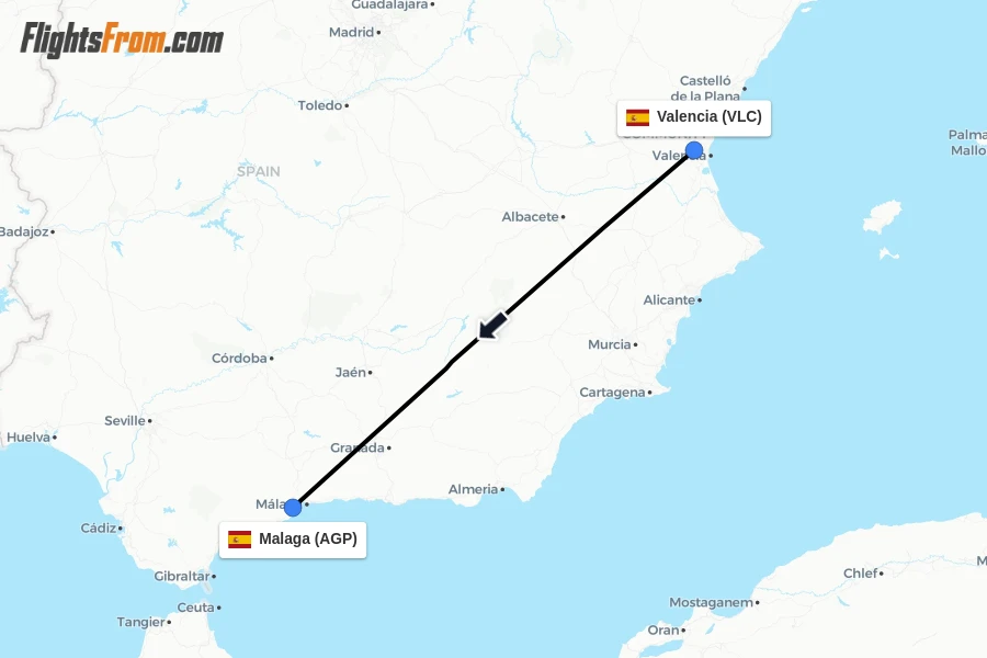 Flights from Valencia to Malaga route map