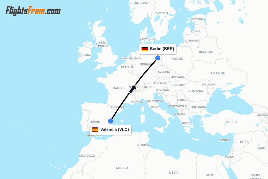 Flights from Valencia to Berlin route map
