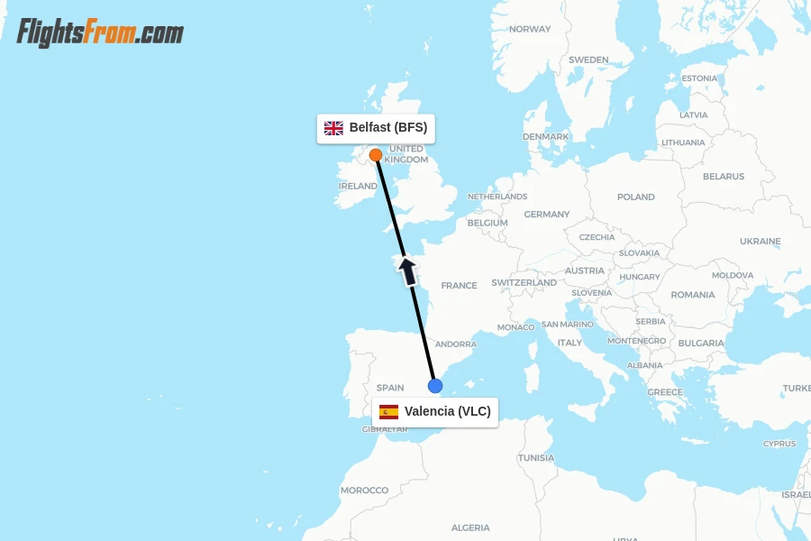 Flights from Valencia to Belfast route map