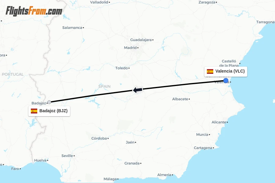 Flights from Valencia to Badajoz route map