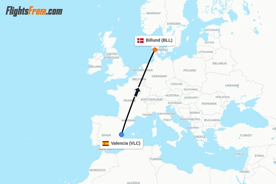 Flights from Valencia to Billund route map