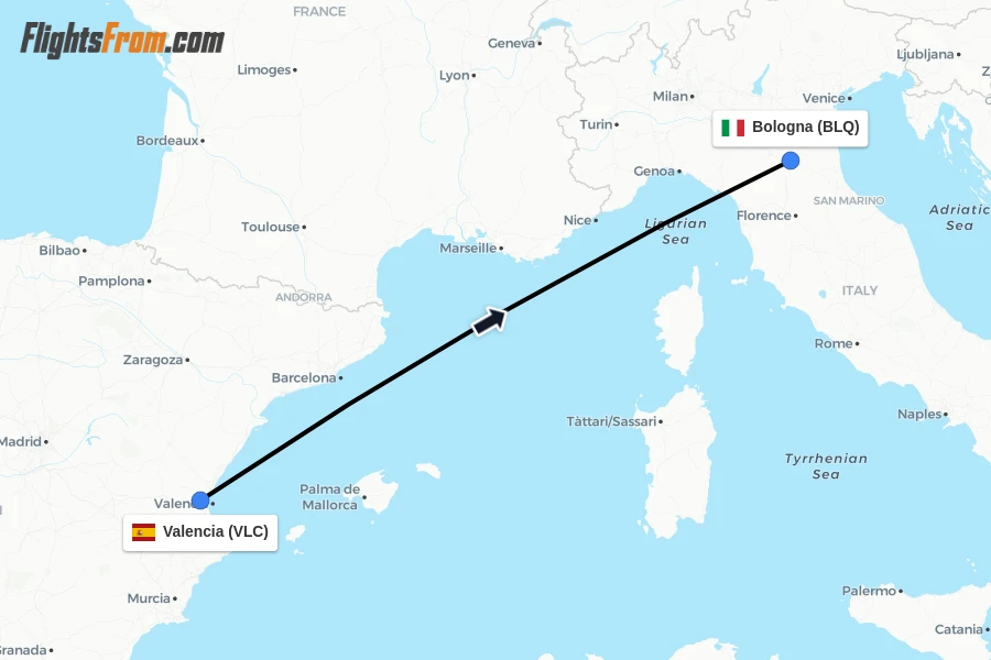 Flights from Valencia to Bologna route map