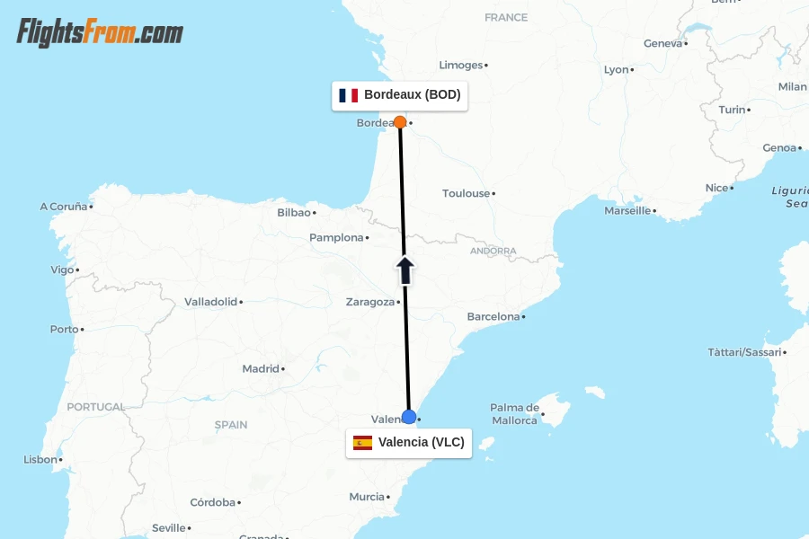 Flights from Valencia to Bordeaux route map