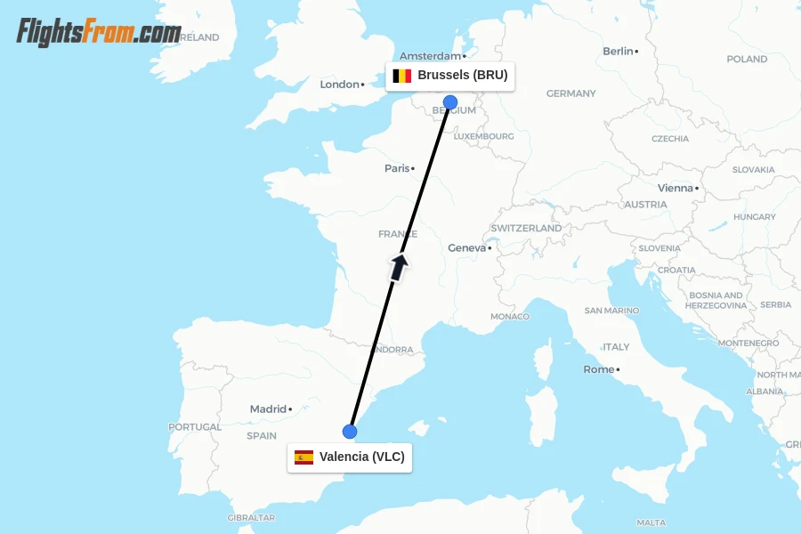 Flights from Valencia to Brussels route map