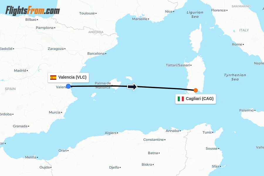 Flights from Valencia to Cagliari route map
