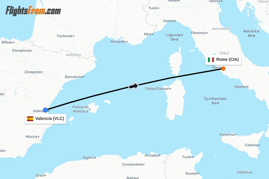 Flights from Valencia to Rome route map