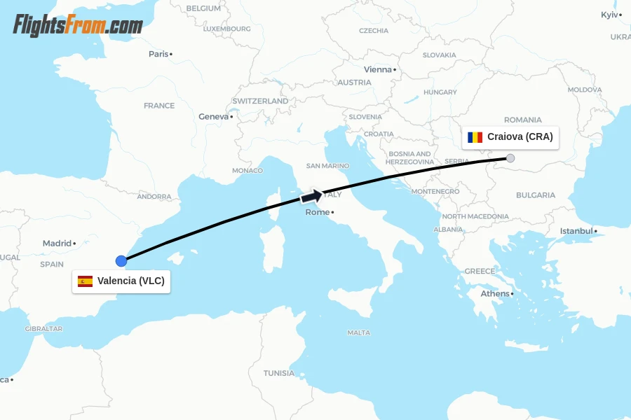 Flights from Valencia to Craiova route map