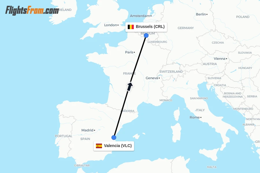 Flights from Valencia to Brussels route map