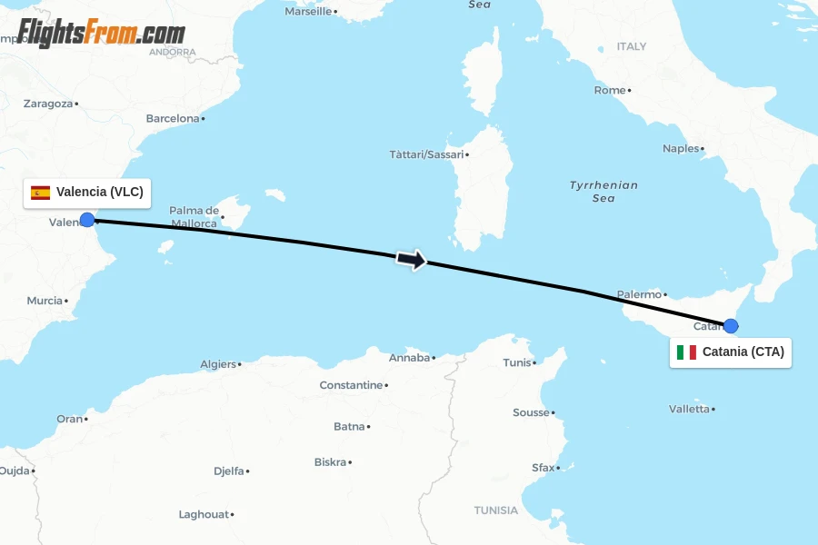 Flights from Valencia to Catania route map