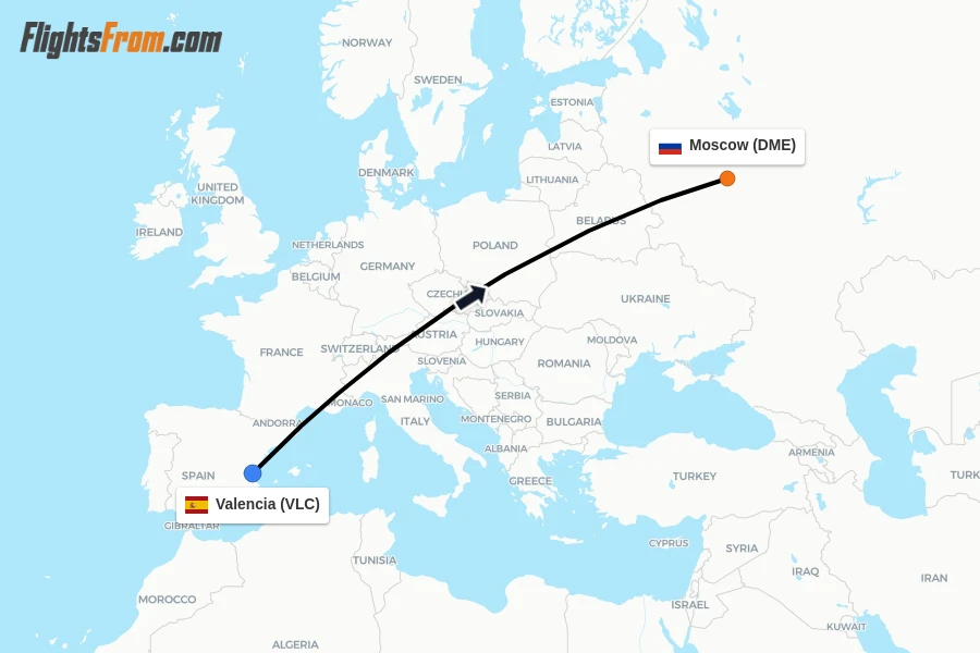 Flights from Valencia to Moscow route map