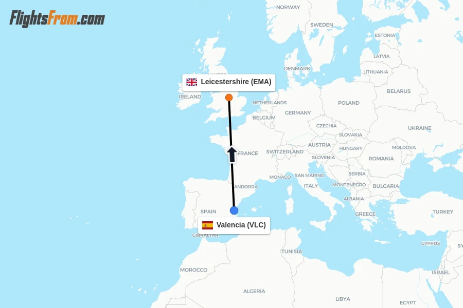 Flights from Valencia to Leicestershire route map